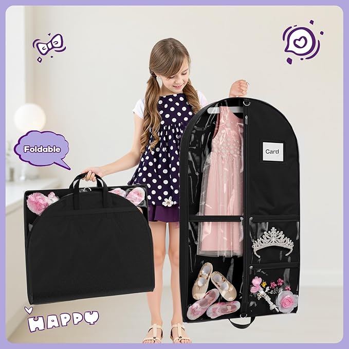Dance Garment Bags for Dancers, 40" Garment Bags for Hanging Clothes with 3 Clear Zipper Pockets, Cheer Uniform Garment Bag for Suits, Travel & Sports Jersey, Cheer Uniform (Black, 1Pack 40")