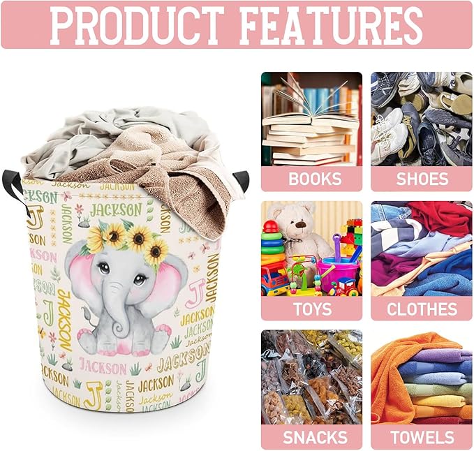 Elephant Laundry Basket,Custom Laundry Hamper with Name,Personalized Elephant Gifts for Boys Girls,Customize Collapsible Laundry Basket for Bedroom Bathroom,M-19.5"X 15.7"