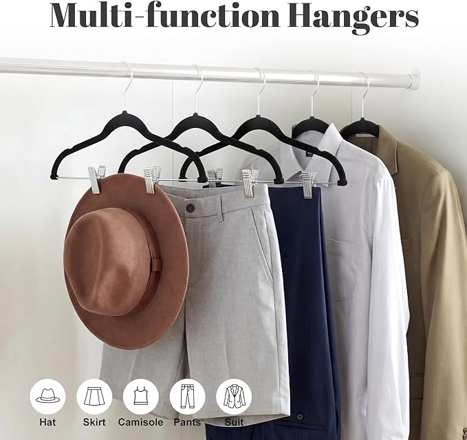 HOUSE DAY Velvet Skirt Hangers 12 Pack, Black Velvet Pant Hangers with Adjustable Clips, Space Saving Slim Shorts Hanger, Heavy Duty Non Slip Clip Hanger for Pants, Skirts, Shorts