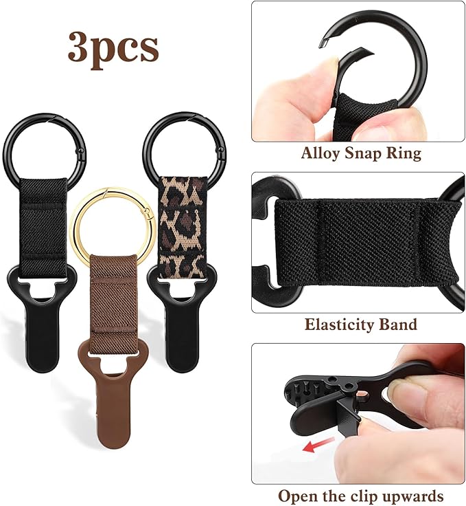 Niveaya Hat Clip for Travel on Bag - 3 Pack, Vacation Beach Cruise Essentials Accessory for Travel Handbag Backpack Luggage, Securely Hold to Keep Hat Shaped, Hands-Free, Black+Brown+Leopard