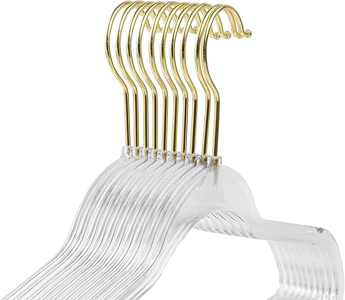 Clear Acrylic Plastic Hangers for Clothes for Adult Closet Heavy Duty Hangers Space Saving 360 Degree Swivel Hook and Notches (50, Gold/Clear)