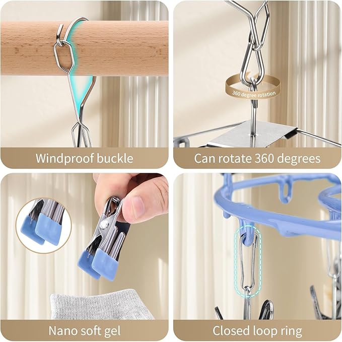 PHYDELU Drying Rack Clothing with 24 Clips，Sock Hanger for Drying，Hanging Clothes Dryer Underwear Hangers Racks Laundry Herb Socks Panty Wet Bra Lingerie Baby Delicates Foldable Small Indoor Metal