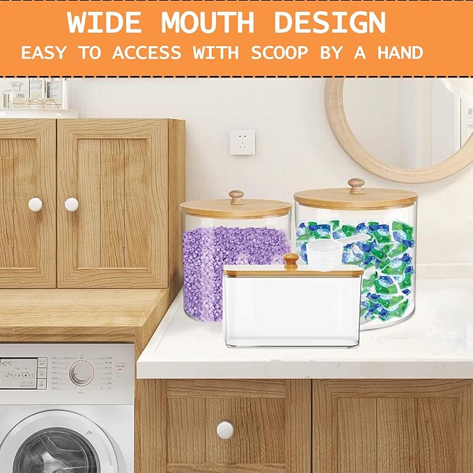 3 Pack Large Laundry Pods Container & Dryer Sheet Holder Set, Plastic Laundry Organization Jars with Lids, Labels, Scoops & Scent Booster Spoons for Detergent and Powder