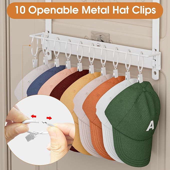 3 Tier Over Door Hat Rack with Basket - Hat Organizer Holder for Baseball Cap with 18 Hooks and 10 Movable Clips,Hat Hanger Storage Holds up to 28+ Caps for Door, Bedroom, Closet (White)