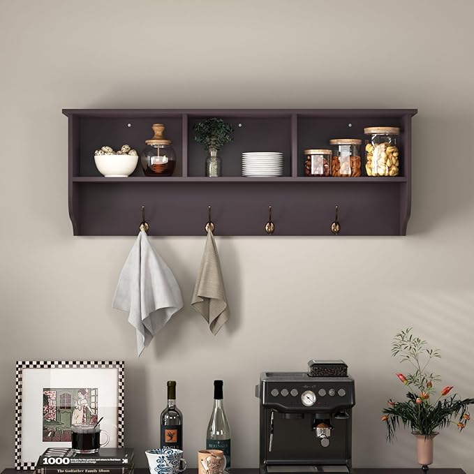 Elegant Espresso Wooden Wall-Mounted Coat Rack with Shelf - Entryway Organizer with 4 Dual Hooks - Modern Storage Display for Home Decor, Plants, Photos - MDF Construction - 39"x8"x14"