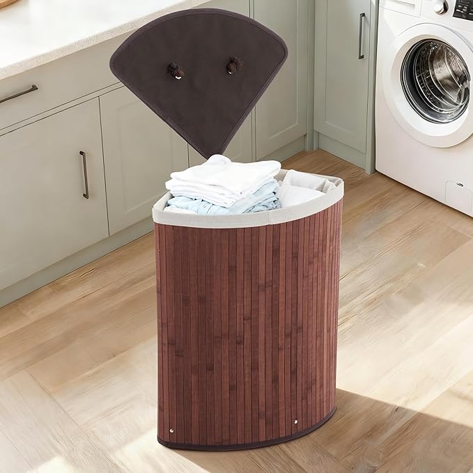 Bamboo Laundry Hamper Large 58L with Removable 2-Section Liner, Foldable Storage Basket with Lid and Handles for Bedroom, Laundry Room, Small Spaces – Brown - Triangle