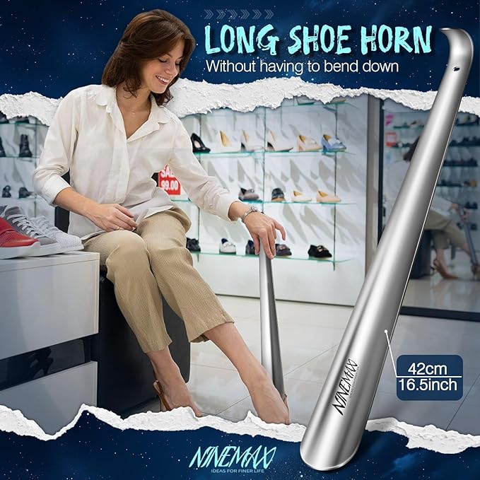 NINEMAX Shoe Horn Long Handle for Seniors Men Women, Metal Long Shoehorn Boot Horn 16.5'', Small Travel Shoe Spoon Helper for Kids 7.5'' and 4''