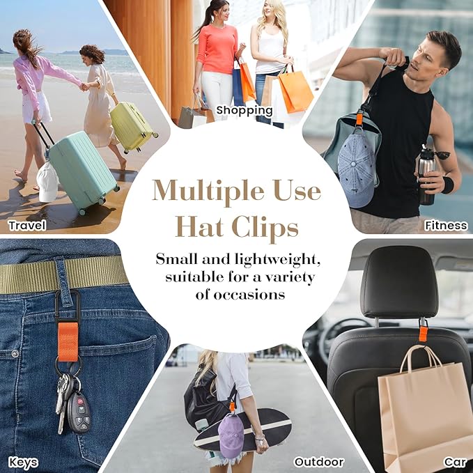 Niveaya Hat Clip for Travel - 2PCS, Stylish Hat Clip for Baseball Cap & Snapback Trucker Ponytail Hat, Sturdy Carabiner with Double Lock for Backpack Luggage Bag, Outdoor Vacation Cruise Essentials