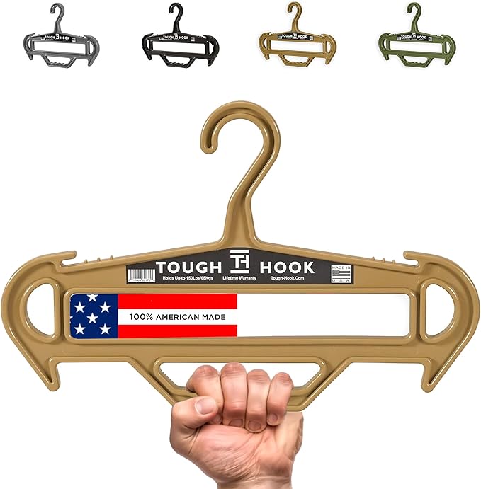 Tough Hanger XL - A Beast of a Hook – USA Made ABS Resin, X-Large | Police Gear, Scuba Gear & Dive BCD – 180-lb Cap Wetsuit DuraResin with Built in Carry Handle, The Indestructible Hanger, 1 Tan