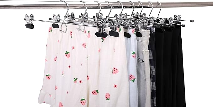 24 Quality Pants Hangers Heavy Duty Add-on Skirt/Slack Metal Hanger, Extra Wide Adjustable Clips, Multi Stackable Add on Hangers, Chrome, Jeans, Bottoms (24)