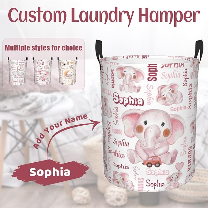 Custom name Laundry Hamper, Customizable Elephant Laundry Hampers, Personalized Elephant laundry basket, Customized Dirty Clothes Hamper with name for Bedroom Bathroom Barbershop Living Room