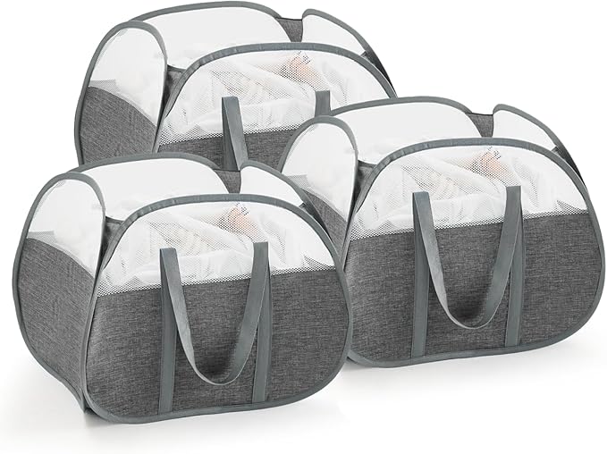 TECHMILLY Pop Up Foldable Laundry Basket, 90L Large Capacity Square & Tear Proof Laundry Hamper with Reinforced Handles for Dirty Clothes Storage in Dorm, Laundry Room, Bathroom, Grey(Fabric), 3 Pack
