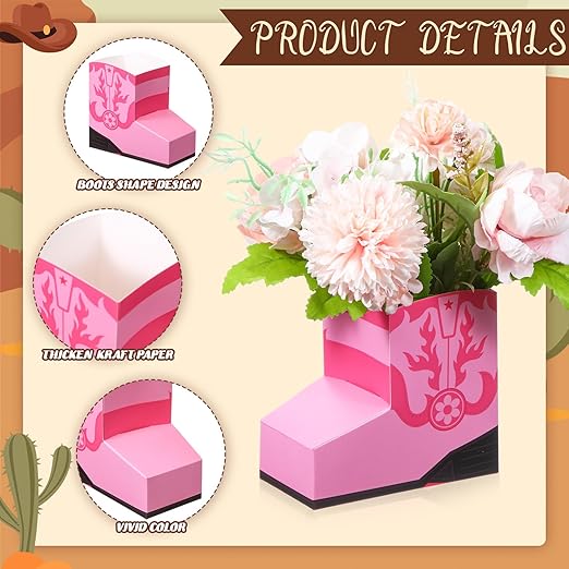 24 Pcs Cowboy Boots Paper Boxes Western Theme Party Decorations Favors Wild West Popcorn Boxes Boot Shape Bag for Cowboy Birthday Bachelorette Baby Shower Party Supplies(Pink)