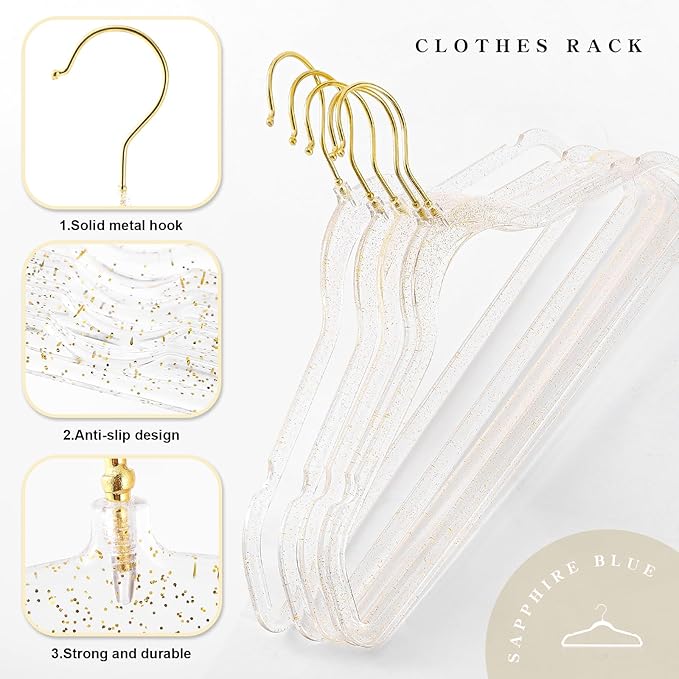 20 Pcs Gold Glitter Sparkle Hangers, Ultra-Thin Acrylic Glitter Hangers for Dresses and Suits - Non-Slip Space-Saving Clothes Hangers (Gold)