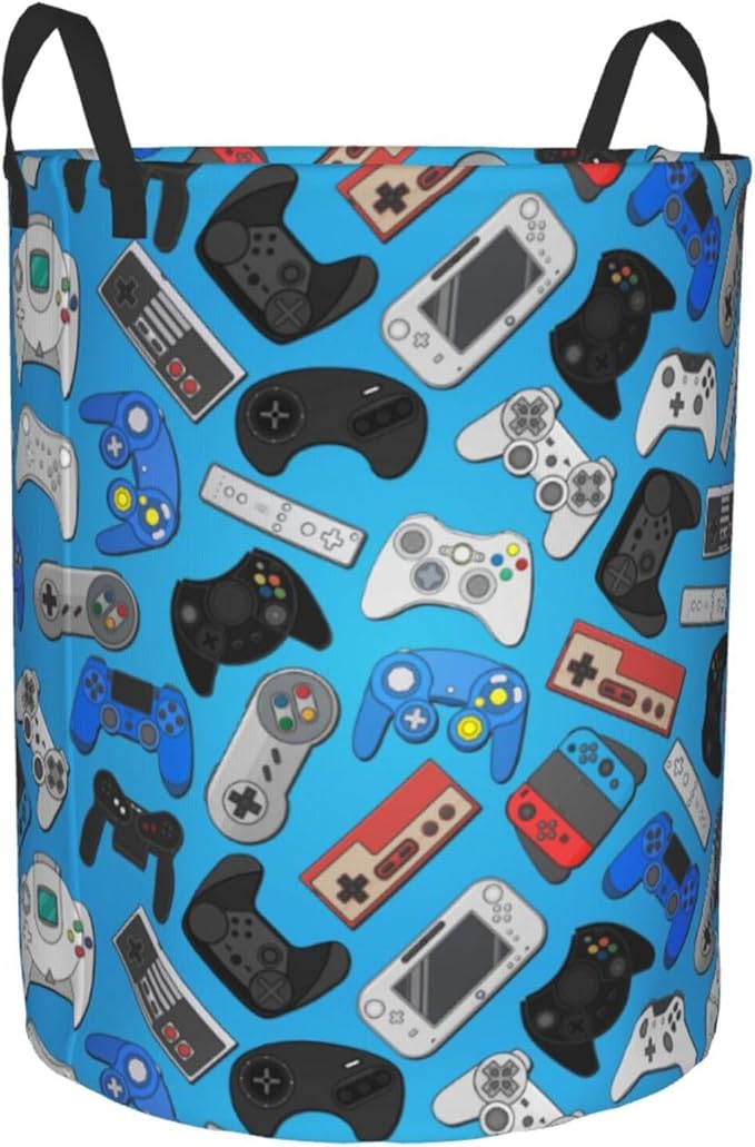 Video Game Controller Background Round Laundry Hamper Gaming Theme Game Joysticks Storage Basket Toys Clothes Organizer Bin For Home Bathroom Bedroom Dorm Nursery, 62l