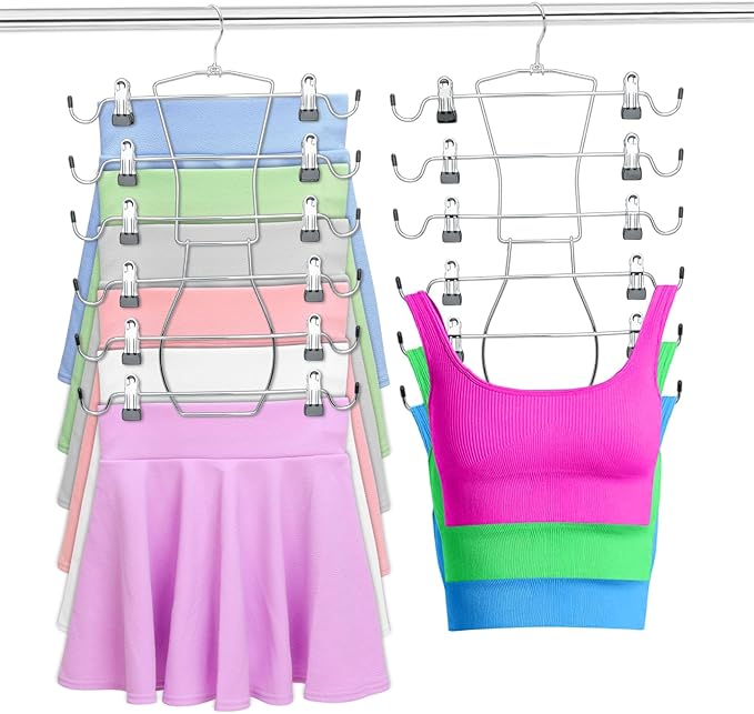 2 Pack 6 Tier Pants Hangers Space Saving, Skirt Hangers Closet Organizers and Storage with Clips Holds 24 Skirts/Pants/Jeans/Shorts/Lingeries, Foldable Metal Hooks,for Dorm Room Essentials Déco