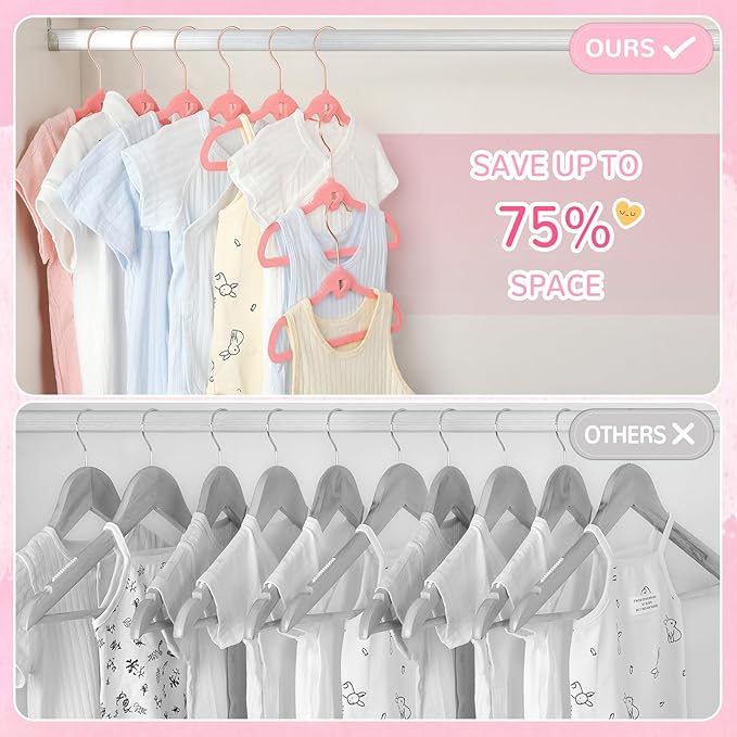 Baby Velvet Stackable Hangers 30 Pack, 11 Inches Pink Kids Clothes Hangers for Closet, Non Slip Toddler Infant Hanger for Nursery, Thin Space Saving Children Felt Hanger with 360° Swivel Hooks