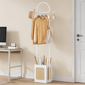 Tajsoon Coat Rack Freestanding, Coat Stand with Wooden Storage Basket, Coat Tree with 6 Hooks, Rattan Coat Hanger Stand for Living Room, Bedroom, Office, White