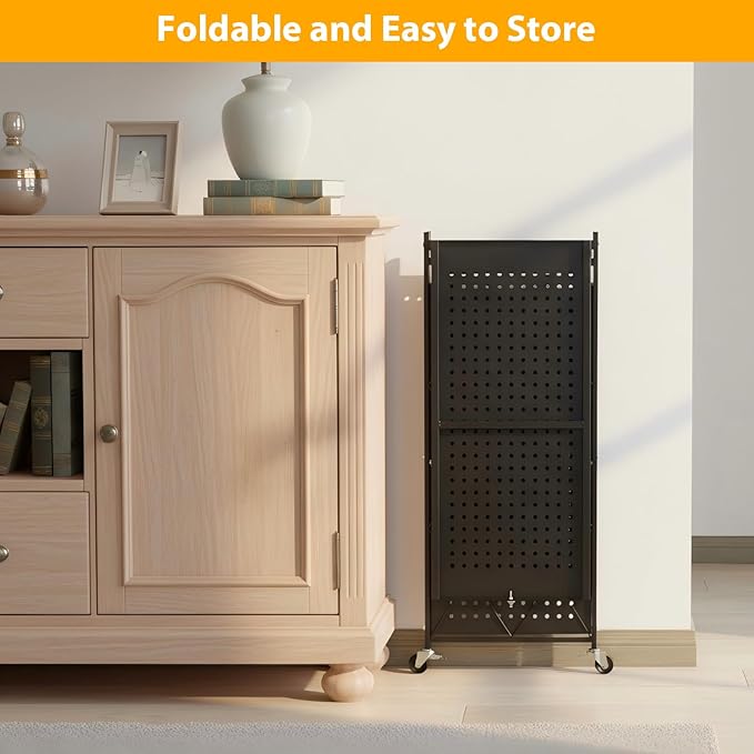 3 Tier Foldable Storage Shelf with Wheels, Heavy Duty Collapsible Metal Shelf Rack Folding Bookshelf, No Assembly Rolling Cart for Kitchen, Pantry, Closet, Office, Bathroom, Garage Organizer, Black