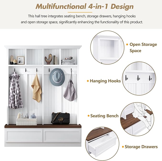 Hall Tree with Storage Bench, Farmhouse 4-in-1 Hall Tree with Wood Grain Bench, 2 Large Drawers, 6 Black Hooks, 4 Storage Compartments, Mudroom Versatile Coat Rack for Hallway, Living Room (White/156)
