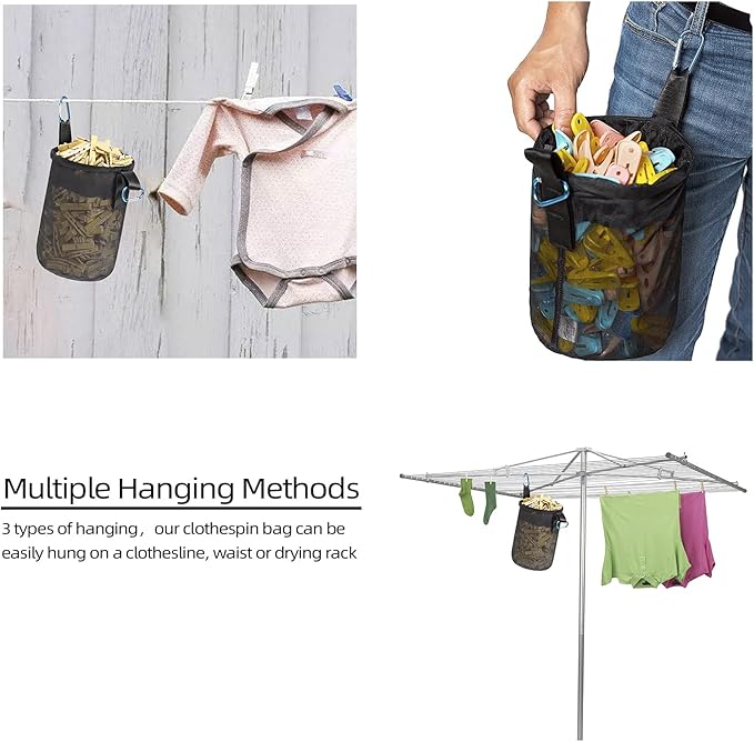Mesh Clothespin Bag Holder Outside, Multiple Hanging Methods Clothes Pin Bag with Drawstring Closure, Ventilation and Moisture Resistance, Large-Capacity Clothespin Storage Organizer with Hooks