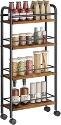 Slim Storage Cart, 4-Tier Small Rolling Cart with Wheels, 5.9" Deep, Narrow Bathroom Shelf Trolley for Kitchen, Bathroom, Laundry Room, Rustic Brown Standard 4-Tier (5.9" W x 33.6" H)