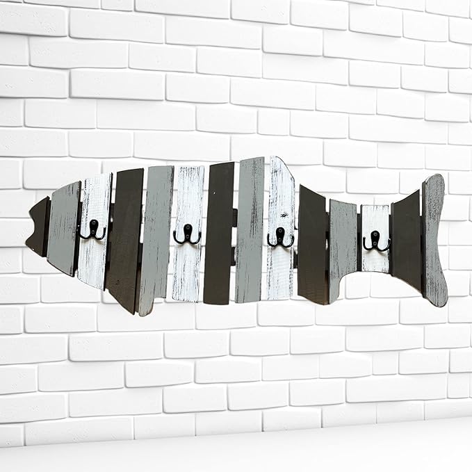Coatrack FISH with metal hooks Shaped Fish Coat Rack Stained BLUE Brown Cream White Grey Taupe Nautical Lake Beach Ocean Sea Wall Home Decor