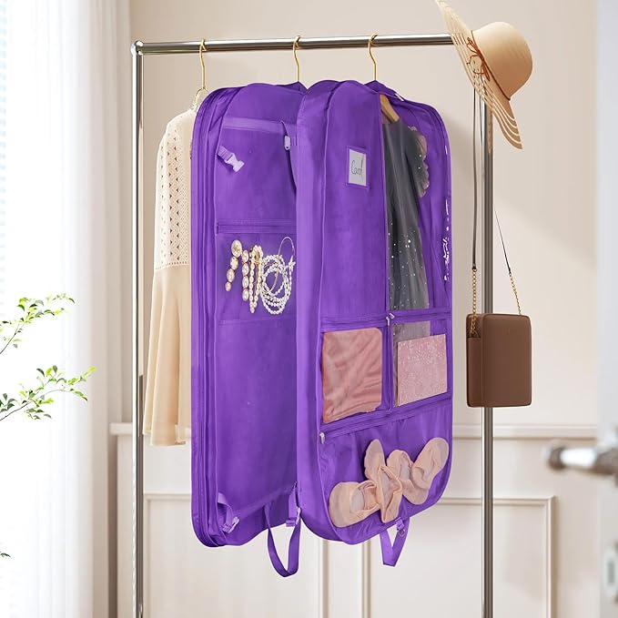 Univivi 40 Inch Kids Garment Bags for Dance Costumes, 3 Medium Clear Zipper Pockets and 2 Back Zippered Pockets for Hanging Clothes, Travel Storage - Dark Purple