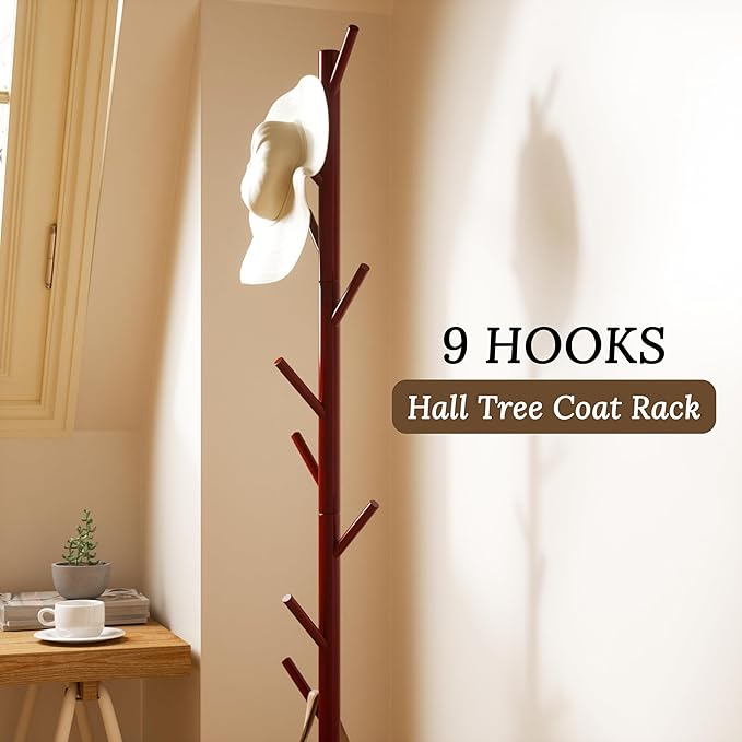 Wooden Freestanding Coat Tree with 4 Height Options and 9 Hooks, Sturdy Coat Rack Stand for Clothes/Bags/Hats, Easy Assemble Save Space Coat Rack for Entryway, Bedroom, Office, Narrow Place (Brown)