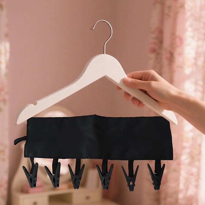 Mini Clothespins Travel Hangers 3-Pack: Foldable Portable Clothes Hangers w/ 6 Clips for Swimsuit, Towel & Sock Drying Rack - Cruise, Dorms, Travel (Black, Blue, Red)