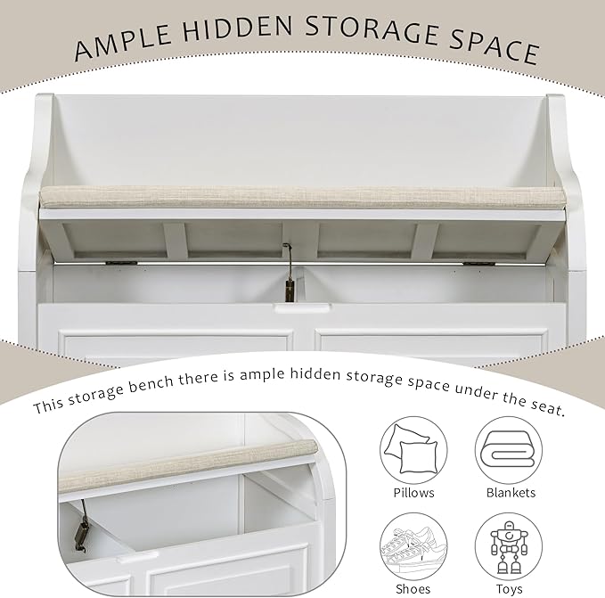 42" Rustic Storage Bench Entryway Bench Shoe Cabinet Ottoman with Safety Hinge, Removable Seat Cushion & Hidden Storage Space for Hallway Entryway Living Room Mudroom End of Bed (White)