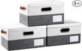 PRANDOM Storage Bins with Lids [3-Pack] Linen Fabric Foldable Storage Boxes Organizer Containers Baskets Cube with Cover for Bedroom Closet Office Grey&White（11.4X8.6X6.7
