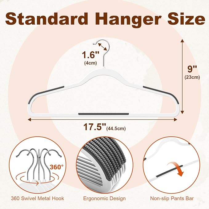 HOUSE DAY Heavy Duty Plastic Hangers 60 Pack, Non Slip Clothes Hangers with Rubber Pads and 360° Hook - Thin 0.2 Inch, Space Saving Coat Hanger White, Closet Organizer for Shirt, Pants, Suit, Skirt