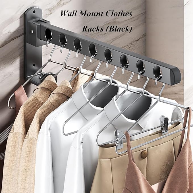 2 Pack Stainless Steel Clothes Hanger Drying Racks, Wall Mount Folding Garment Racks, Black Coat Hanger Racks, Space Saver Clothing Closet Rack Storage Organizer for Laundry Bedroom Bathroom(15.75 in)