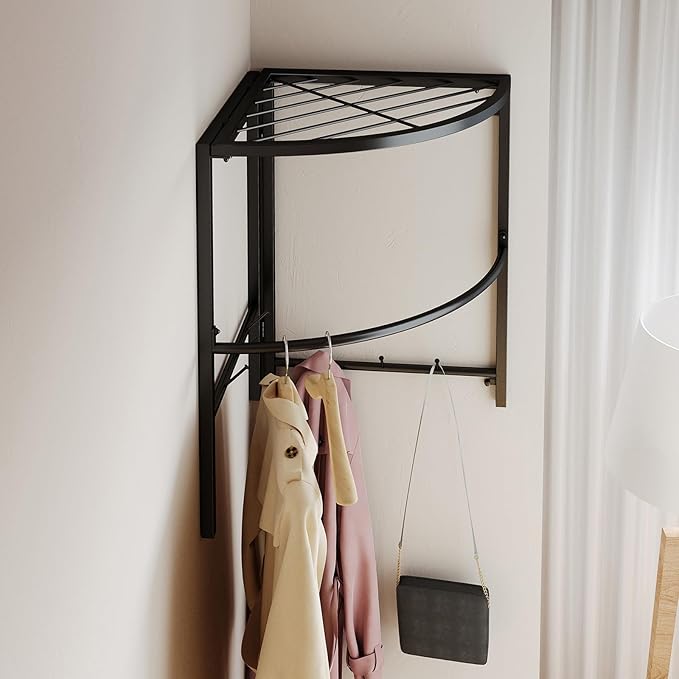 Cinnabar Corner Clothes Rack with Shelf, Adjustable Hanging Wardrobe Closet Organizer for Bedroom Living Room (black)