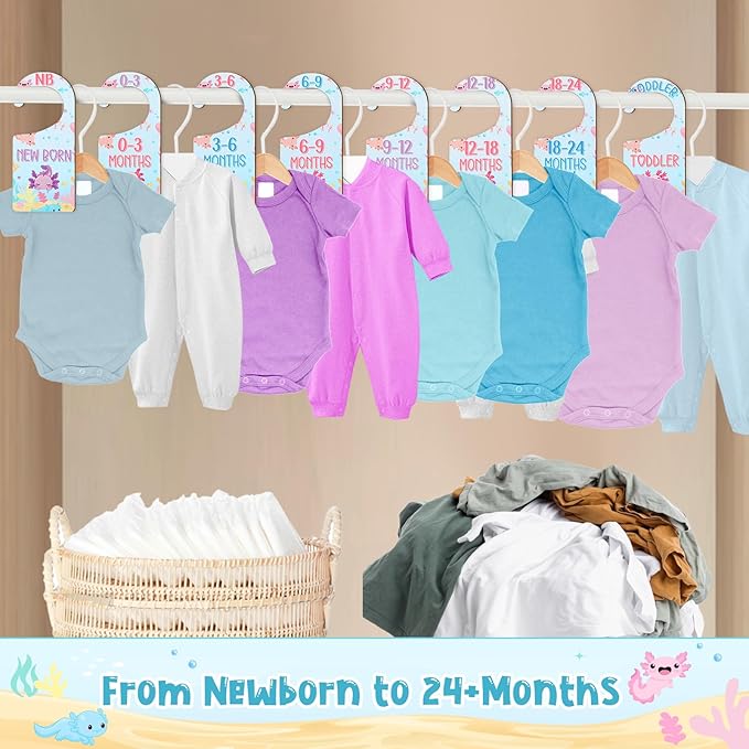 Baby Closet Dividers 8PCS, Axolotl Themed Wooden Double-Sided Clothes Size Hanger/Organizer from Newborn to Toddler for Nursery Decor Baby Shower Birthday Gender Reveal Party Gift
