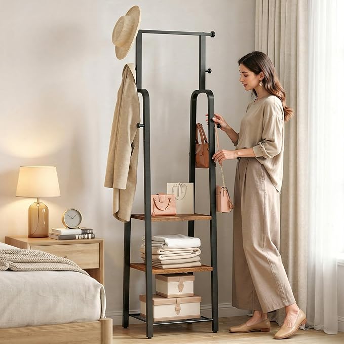 Coat Rack Freestanding, Hall Tree with 3-Shelves and 8 Hooks, Industrial Clothes Rack Stand Organizer for Entryway, Bedroom, Bags, Hats, Scarves, Rustic Brown and Black CRHR14901