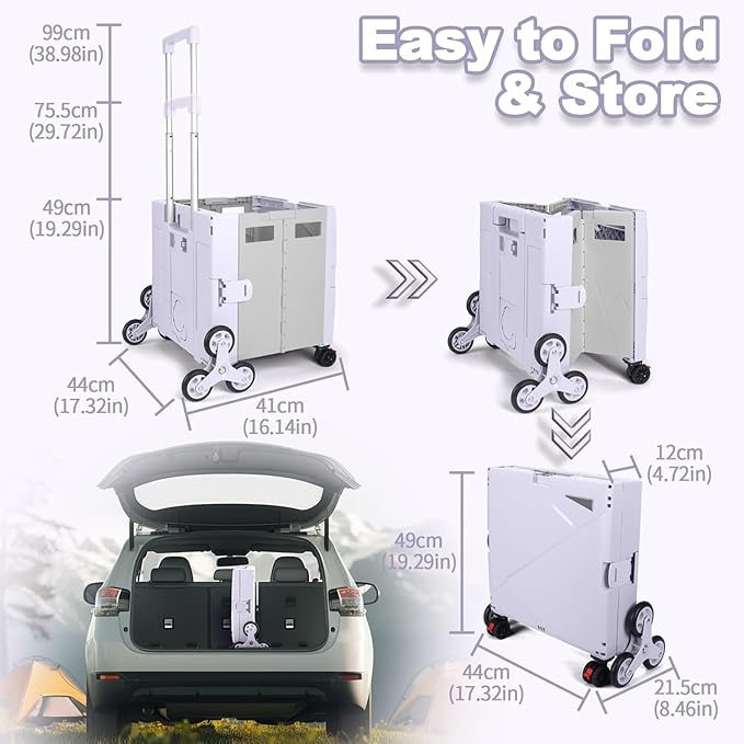 FELICON Folding Climber Utility Cart,Rolling Crate,Tote on Rotate Wheels with Adjustable Handle,Hidden Lid,Cup Holder,Storage Bin for Teacher,Office,File,Move,Shop,Travel,Laundry,Grocery(Purple Gray)