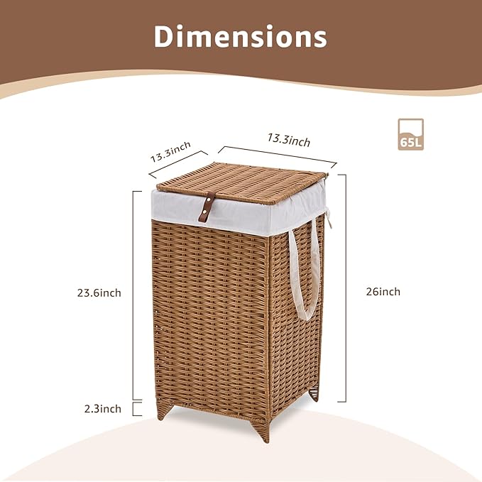 Handwoven Laundry Hamper with Lid, Natural Hyacinth Heightened Feet Laundry Basket, Wicker Clothes Hamper with Removable Liner Bag (Wicker, 65L)