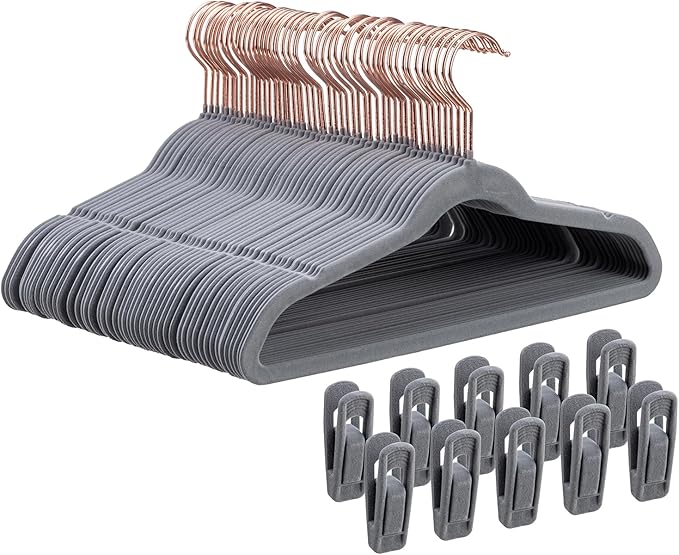 Baby Velvet Hangers 50 Pack - 11 Inch Non-Slip Felt Kids Hanger for Newborn Clothes - Small Toddler Child Hangers Durable for Every Use - 10 Hanger Clips Included, Gray