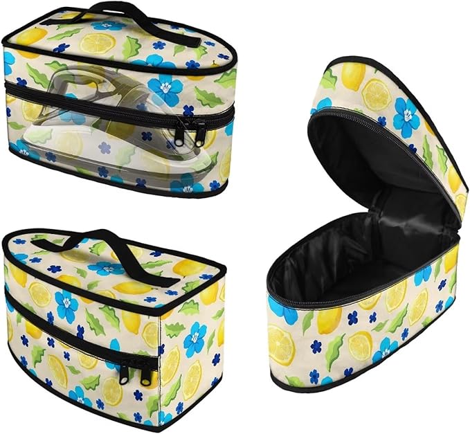 Lemon Blue Floral Iron Tote Bag Stain Resistant Travel Irons Storage Box Washable Protective Carrying Bag with Handle Compatible with Most Irons