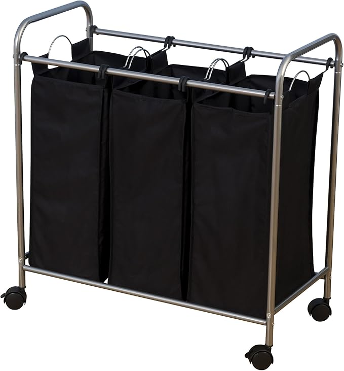 Household Essentials 7044 Triple Laundry Sorter on Wheels - Black and Grey