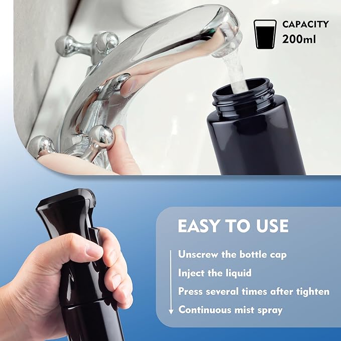 Continuous Spray Bottle for Hair, 2 Pack Whole Black 6.8oz Mister Spray Bottle, Hair Spray Bottles for Hairstyling, Cleaning, Plants, Pets, Salons & More