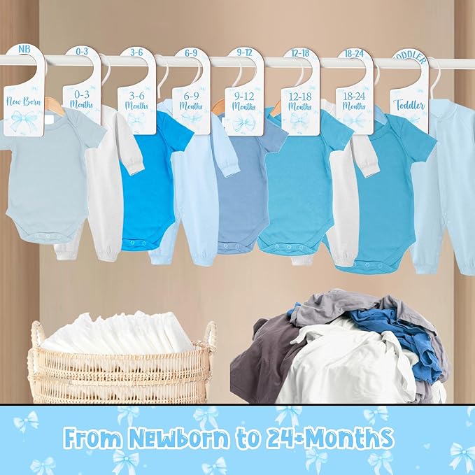 Baby Closet Dividers 8PCS, Blue Bow Themed Wooden Double-Sided Clothes Size Hanger Organizer from Newborn to Toddler for Nursery Decor Baby Shower Birthday Gift