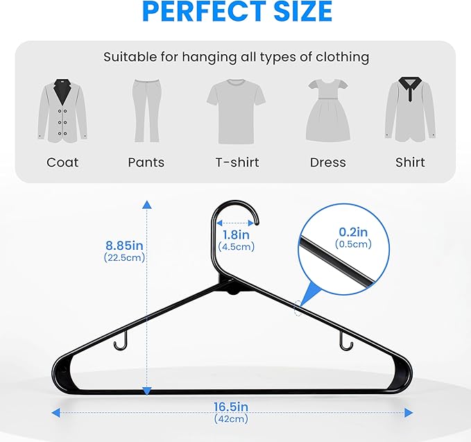 Simple Deluxe Plastic Hangers with Hooks 50 Pack, Durable & Space Saving Clothes Hangers with Non-Slip Hooks for Shirts, Coats, Dress, Black