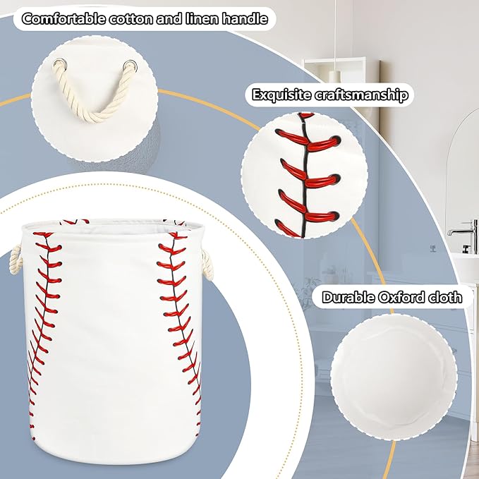 Baseball Texture Laundry Basket with Handles Collapsible Laundry Hamper Waterproof Toy Organizer Funny Dirty Clothes Hamper for College Dorm Bathroom Bedroom