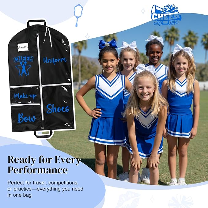 DEEKA Cheer Garment Bag for Hanging Clothes with Zipper Pockets Cheer Accessories Mom Essentials Uniform Costume 40 Inch Black Bags Stuff for Cheerleading Girls (Black,Blue-Cheer Star Logo)