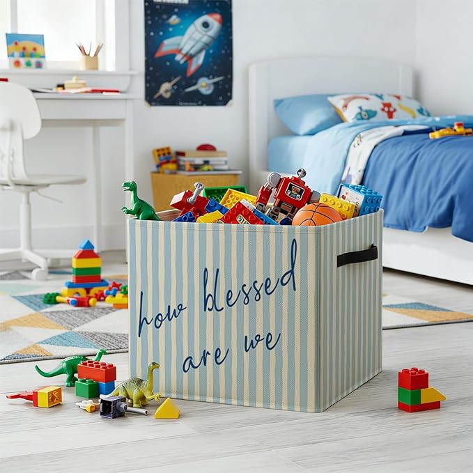 Blue Christian Storage Bin Box with Handles, How Blessed Are We Motivational Religious Foldable Baskets Organizer for Girls Bedroom Bathroom Clothes Toys Books, Toybox for Girls