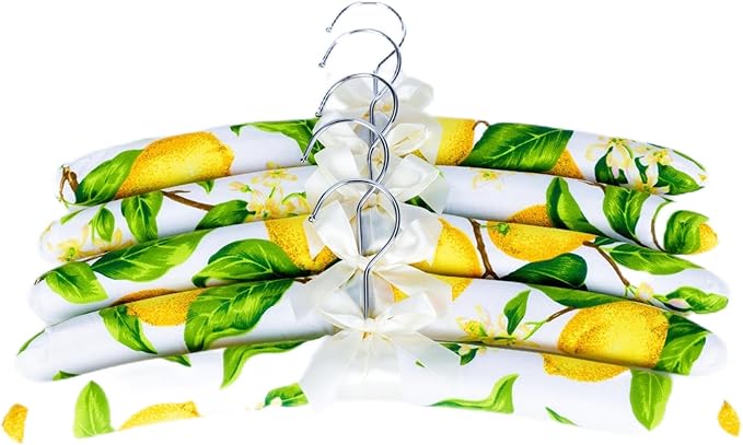 Anti-Slip Satin Padded Clothes Hangers with Rotatable Hooks No Shoulder Bump for Women Heavy Sweaters, Coats, Suits, Floral Pattern with Satin Bow, 360° Swivel Hook, Set of 5 (Lemon)
