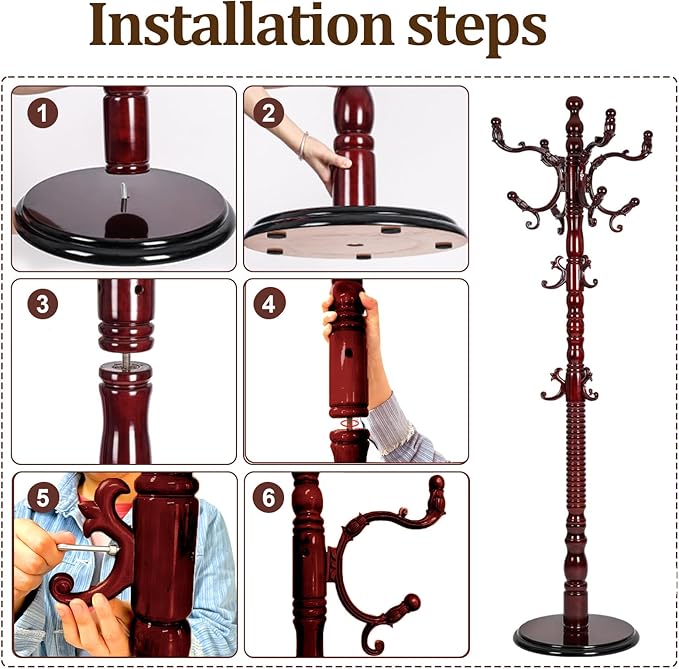 Coat Rack Freestanding, Wooden Coat Rack 14 Hooks, Pure Natural Solid Tree Coat Hanger Stable Disc Base, Adjustable Floor Hanger,for Bedroom Office Hallway Entryway(Mahogany)